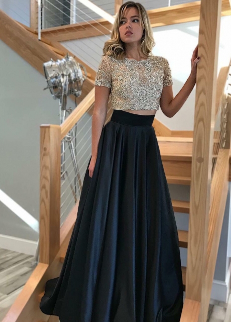 Heavy Beading Short Sleeves Prom Dresses Two-Piece
