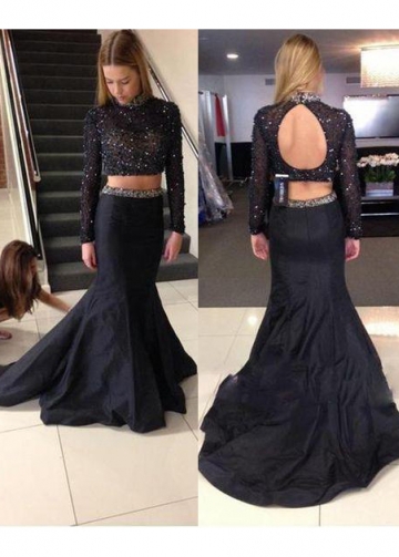 High Neck Beaded Black Long Sleeves Prom Dress Two Piece