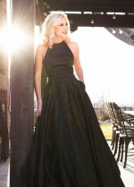 Halter Neckline Satin Black Prom Gown with Beading Skirt