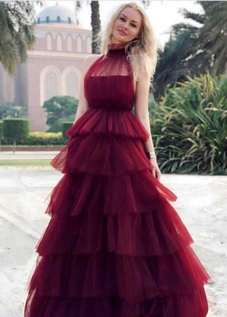 High Neck Burgundy Tulle Evening Gown with Tiered Skirt