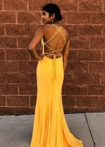 Halter Neckline Yellow Prom Dress with Lace-up Backless