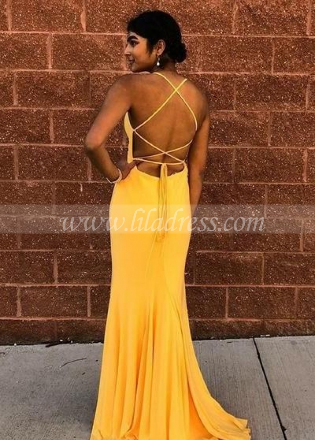 Halter Neckline Yellow Prom Dress with Lace-up Backless