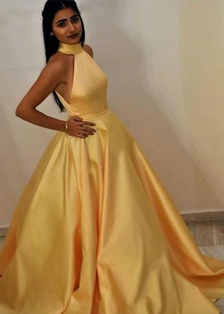 High Neck Yellow Prom Gown with Satin Full Skirt