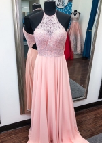 Halter Pink Prom Chiffon Dresses with Beaded Lace Bodice