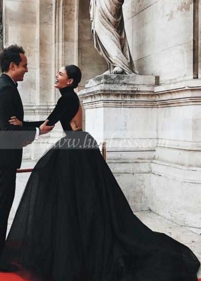 High Neck Black Ball Gown Dresses with Long Sleeves