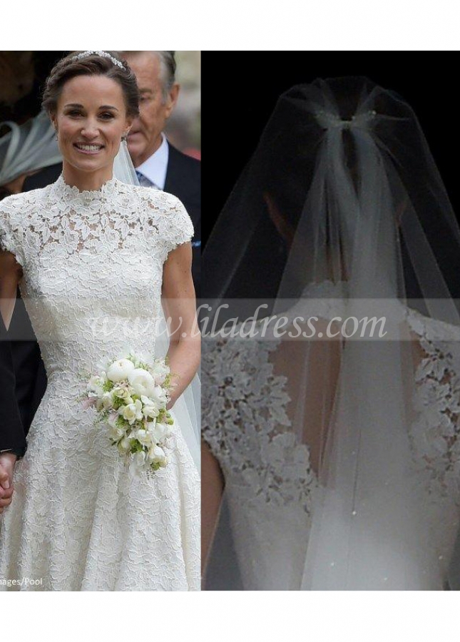 High Neck Vintage Lace Church Wedding Gown with Cap Sleeves