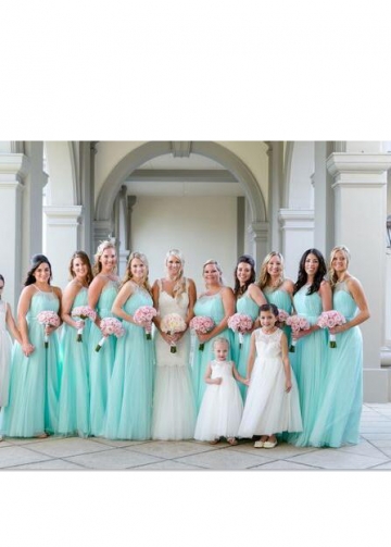 Illusion Halter Tulle Turquoise Bridesmaid Dresses for Beach Weddings
