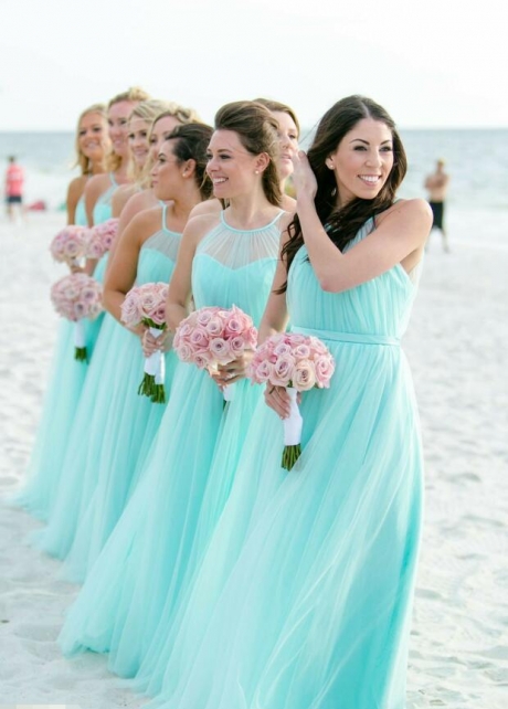 Illusion Halter Tulle Turquoise Bridesmaid Dresses for Beach Weddings