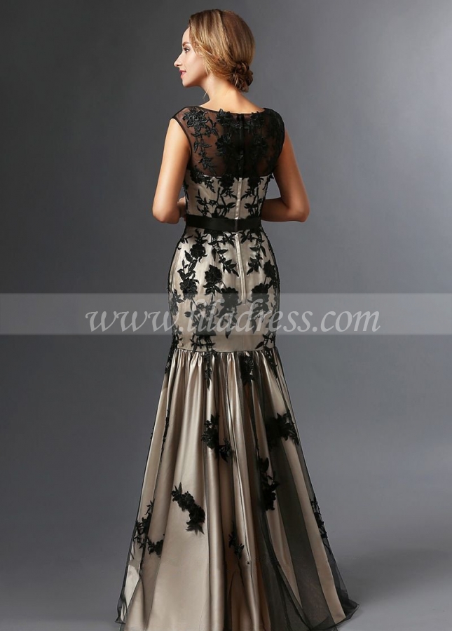 Illusion Boat Neck Black Floral Lace Mother of the Brides Dresses Cap Sleeves