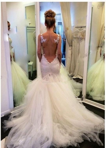 Illusion Back Mermaid Wedding Dresses with Lace Bodice