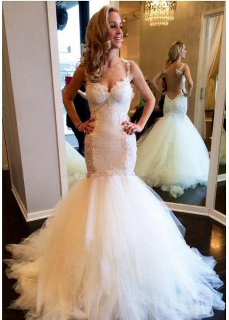 Illusion Back Mermaid Wedding Dresses with Lace Bodice