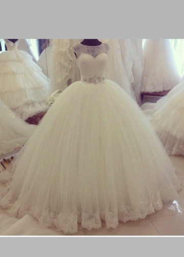 Illusion Lace Ball Gown Wedding Dress Ivory Tulle Skirt