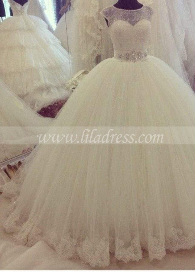 Illusion Lace Ball Gown Wedding Dress Ivory Tulle Skirt
