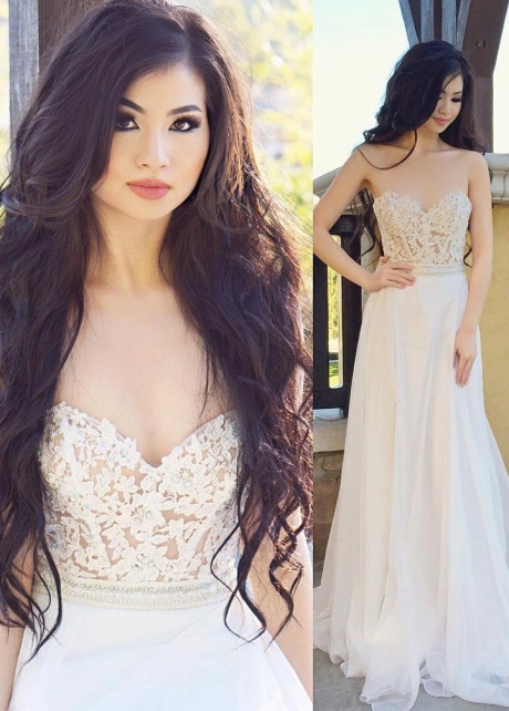 Illusion Lace Sweetheart Backless Ivory Prom Dresses Wedding