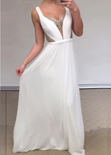 Illusion Plunging V-neck Beaded White Chiffon Prom Dress Long