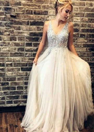 Illusion Rhinestones Bodice Prom Gown with Tulle Skirt