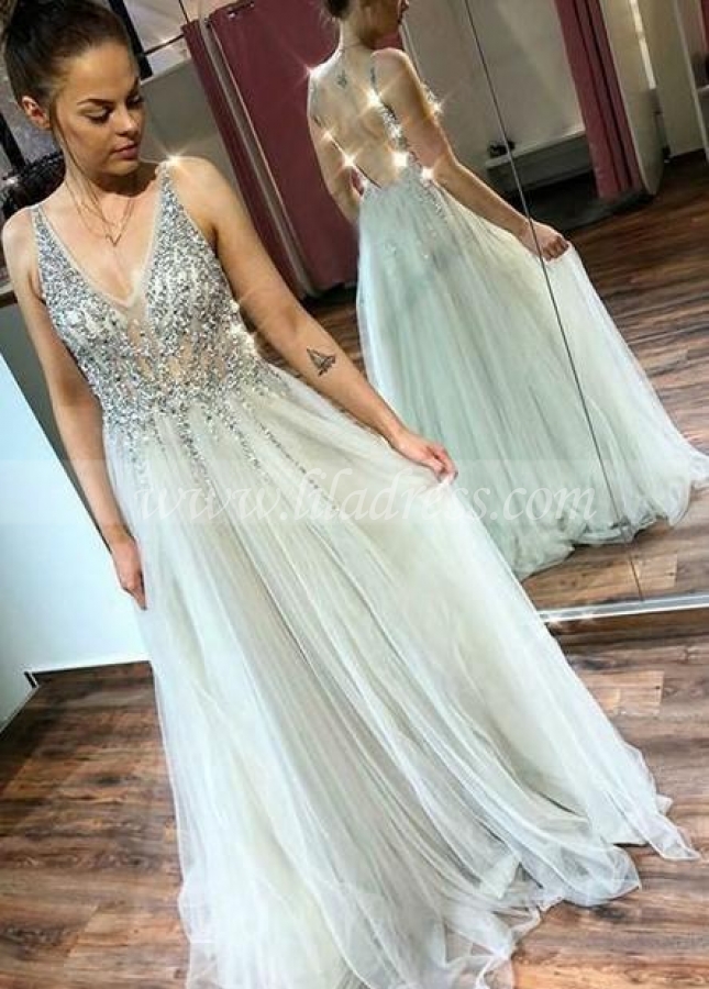 Illusion Rhinestones Bodice Prom Gown with Tulle Skirt
