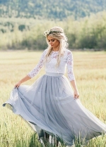 Illusion Neckline Lace Outdoor Wedding Dresses with Dusty Blue Skirt
