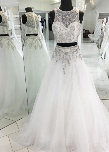 Illusion Rhinestones Two-piece Wedding Dresses Tulle Skirt