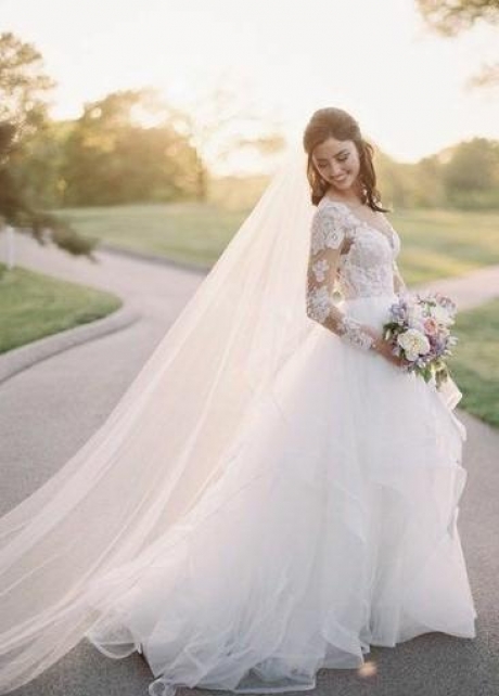 Illusion Neckline Tulle Wedding Dress with Lace Sleeves