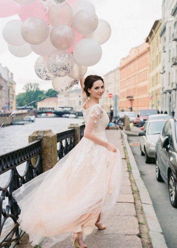 Illusion Long-sleeves Lace Wedding Gown with Champagne Tulle Skirt