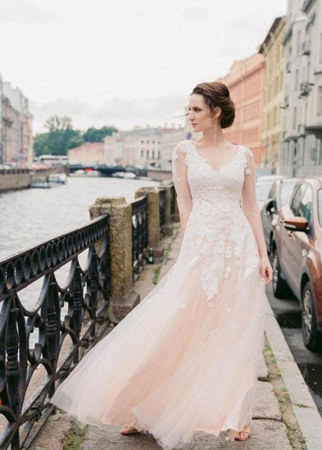 Illusion Long-sleeves Lace Wedding Gown with Champagne Tulle Skirt