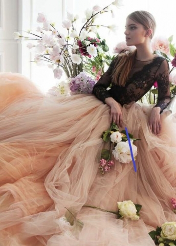 Illusion Black Lace Wedding Dress with Blush Tulle Skirt