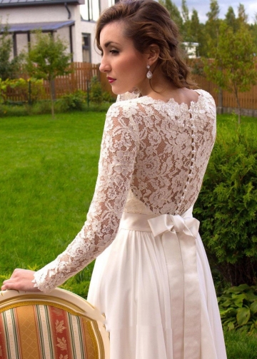 Illusion Lace Long Sleeves Wedding Dress with Chiffon Skirt