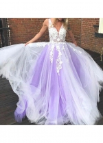 Ivory Lavender Tulle Wedding Gown with Floral Lace Bodice