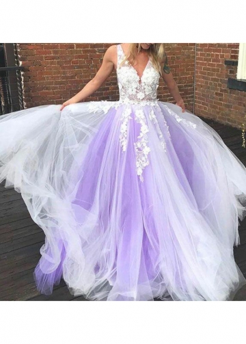 Ivory Lavender Tulle Wedding Gown with Floral Lace Bodice