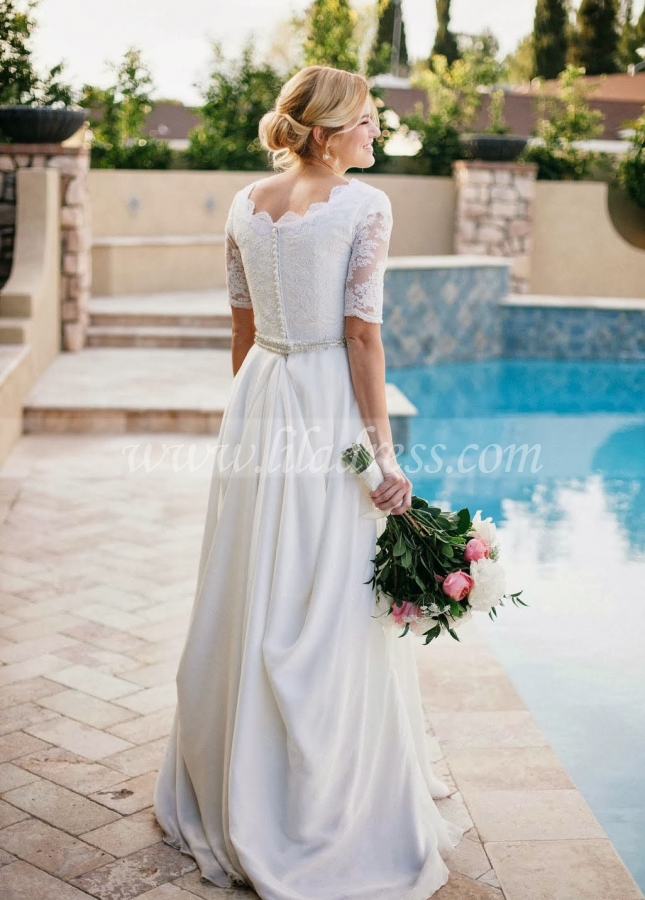 Jewel Neck Lace A-line Chiffon Wedding Dresses with Sleeves