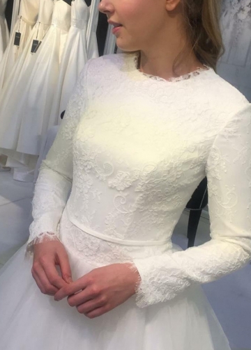 Jewel Neck Modest Wedding Gown with Lace Bodice