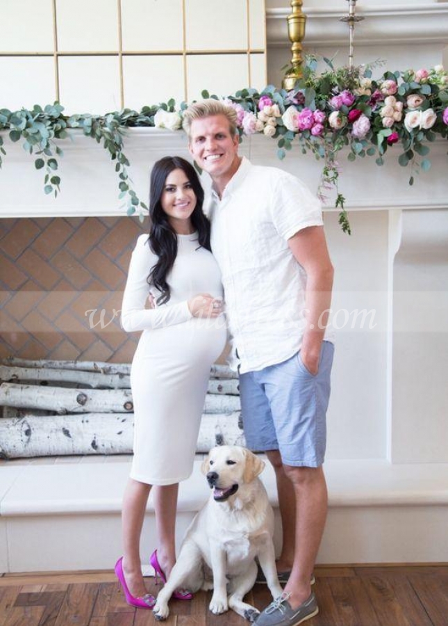 Knee Length Long Sleeves White Cocktail Dress for Pregnant Women