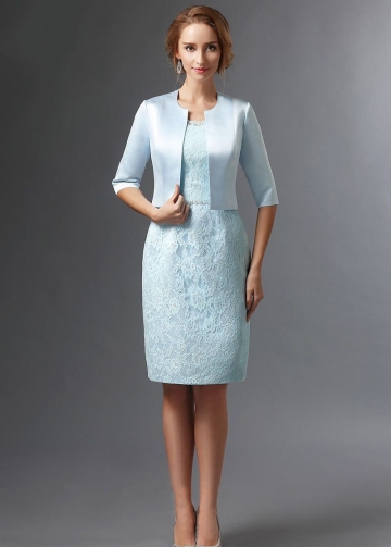 Knee Length Light Blue Lace Bride Mother Dress with Jacket