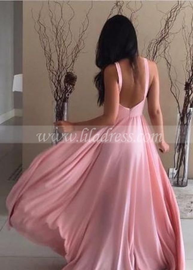 Keyhole Neckline Pink Prom Dresses Floor Length