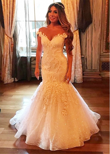 Luxury Tulle Jewel Neckline Mermaid Wedding Dresses With Beaded Lace Appliques & 3D Flowers