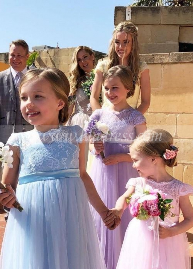 Lace Sleeves Toddler Flower Girls Dresses with Tulle Skirt
