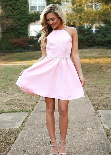 Light Pink Halter Party Gown with Short Satin Skirt