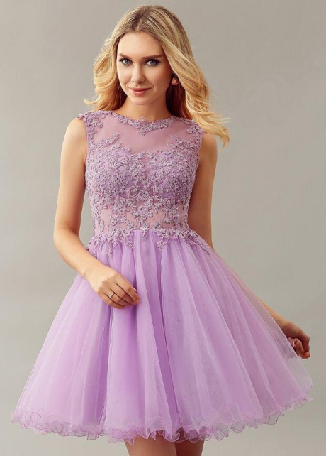 Lilac Lace Bead Sleeveless Custom Homecoming Dress Short