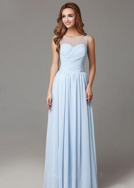 Light Blue Chiffon Long Bridesmaid Dresses Sleeveless