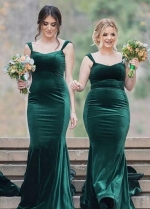 Long Dark Green Velvet Bridesmaid Dresses with Double Straps