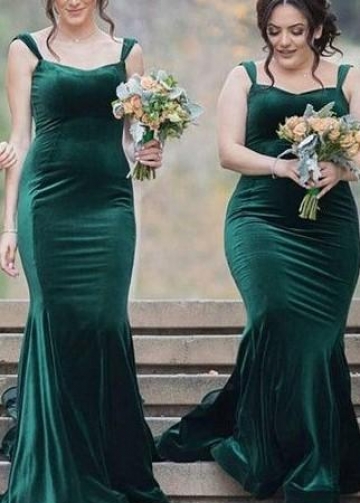 Long Dark Green Velvet Bridesmaid Dresses with Double Straps