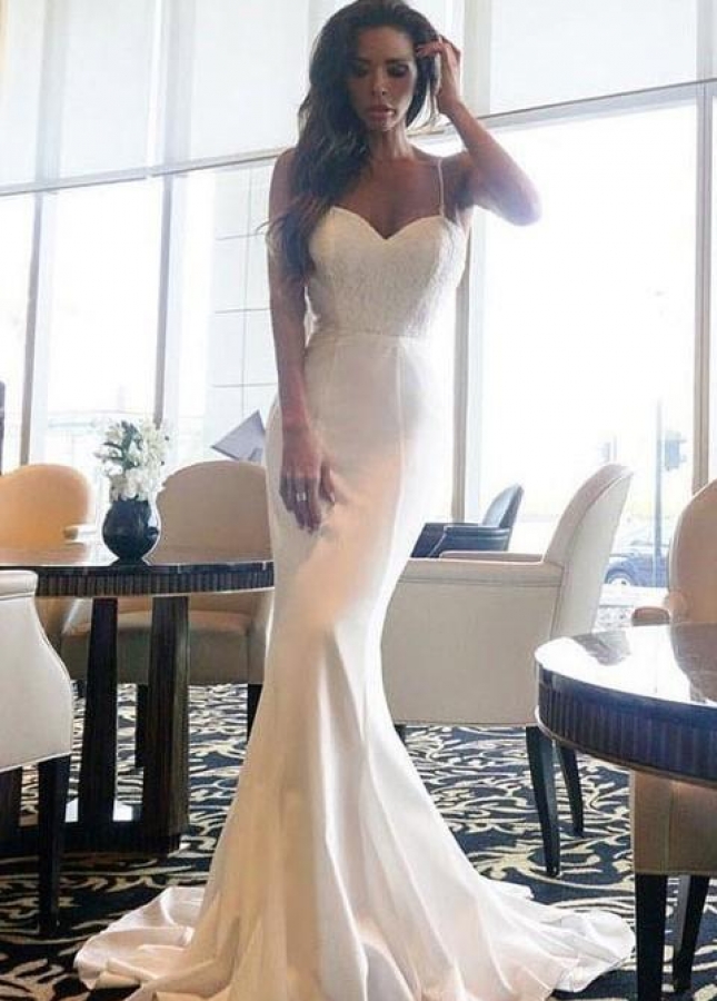 Lace and Soft Satin Bridal Gown with Spaghetti Straps