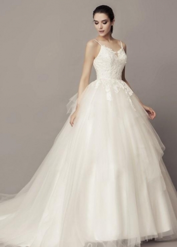 Lace Bodice Tulle Wedding Dresses Spaghetti Straps