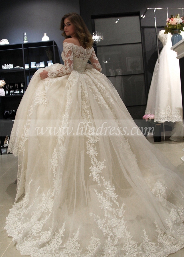 Long Sleeves Lace Wedding Dress Ball Gown Off-the-shoulder
