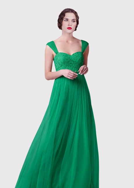 Lace and Tulle A-line Long Green Prom Dresses with Beaded Sash