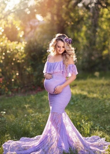 Lilac Lace Pregnant Woman Prom Dresses with Spaghetti Straps