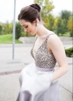 Low Cut V-neckline Rhinestones Prom Dress Satin Ball Gown