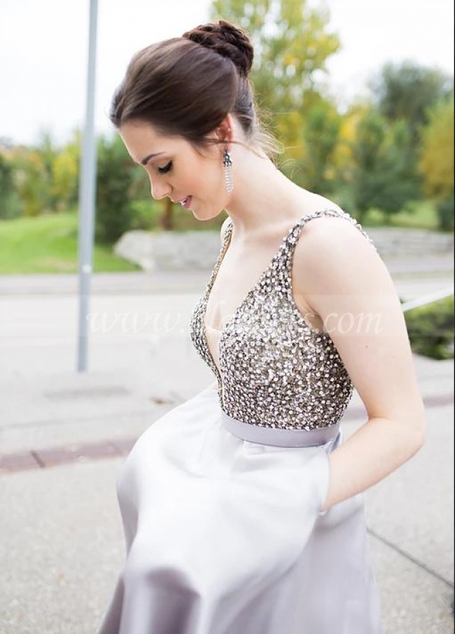 Low Cut V-neckline Rhinestones Prom Dress Satin Ball Gown