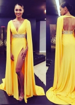 Loose Long Sleeves Yellow Prom Gowns with Beaded Band